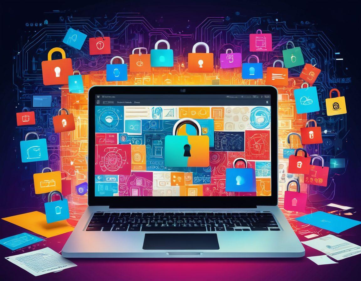 A captivating digital landscape showcasing an open laptop displaying a vibrant blog post with engaging visuals. Surrounding the laptop, creative elements like padlocks symbolizing security and colorful storyboards illustrating engaging narratives are present. The background features a blend of technology and creativity, such as binary code merging into artistic motifs. The overall feel is dynamic and inspiring, with a bright and inviting atmosphere. vivid colors. vector art.