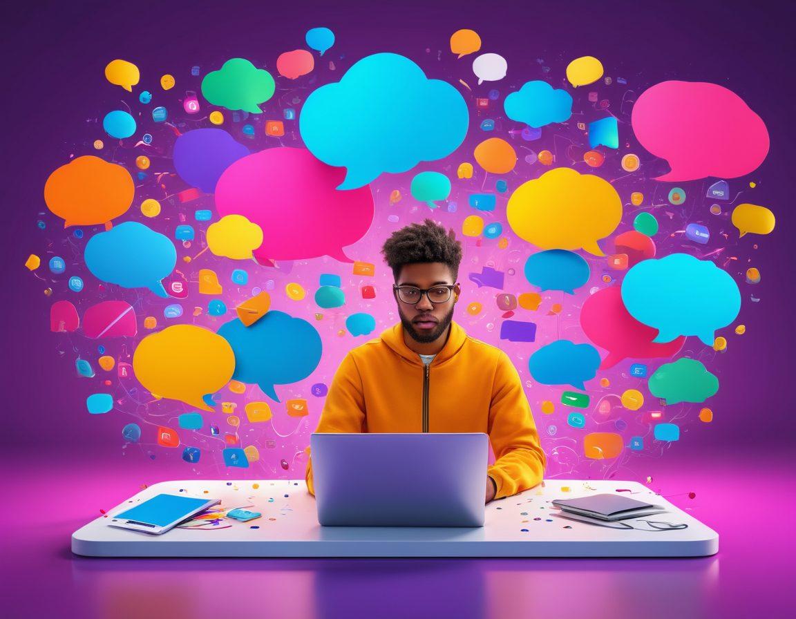 A vibrant and engaging scene depicting a person typing on a laptop surrounded by floating speech bubbles filled with colorful ideas and blog posts, while a large, protective shield symbolizes robust privacy. The background features subtle technology elements, representing a blend of creativity and security. super-realistic. vibrant colors. 3D.
