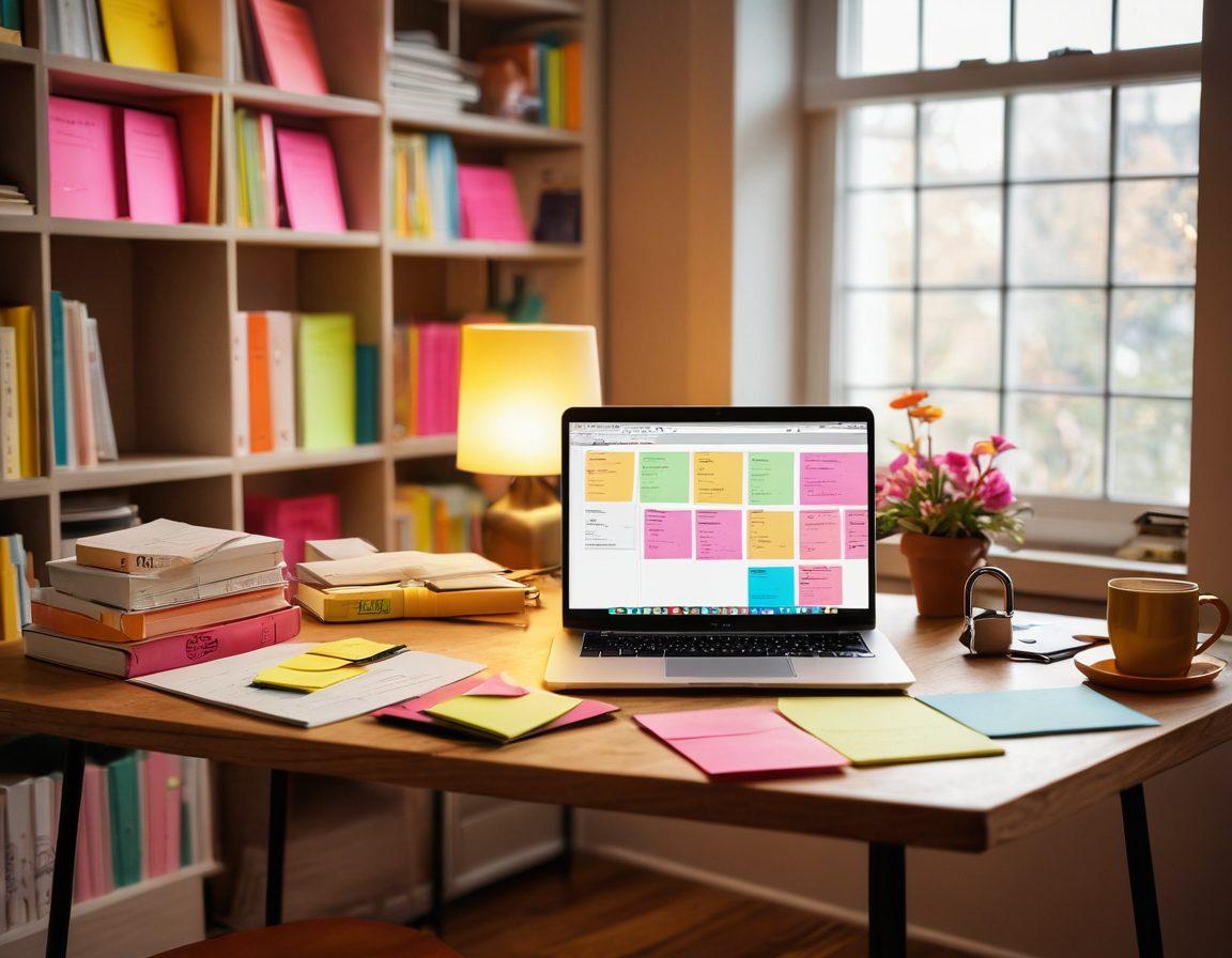 A sleek desk setup with a laptop open on a blog writing interface, surrounded by colorful sticky notes with brainstorming ideas. In the background, a cozy reading nook with soft lighting and bookshelves filled with literature about writing and security. An illustration of a padlock symbol overlaid on a digital document to emphasize security. The overall look should inspire creativity and professionalism. super-realistic. vibrant colors. warm ambiance.